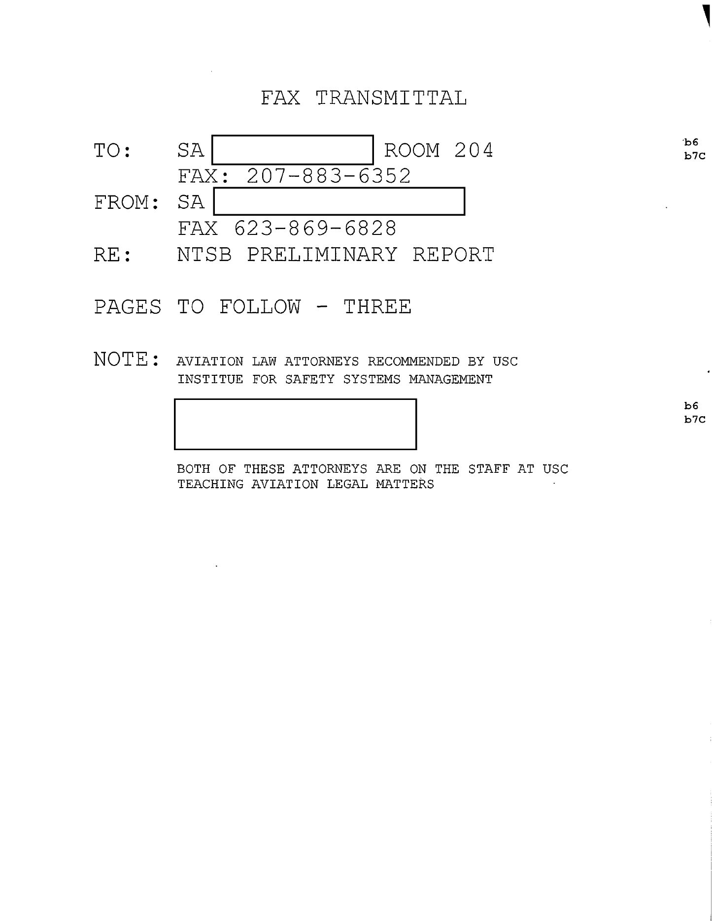 FBI fax transmittal cover sheet. Sender and recipient agent names are blacked out. The note reads that aviation law attorneys were recommended by the USC Institute for Safety Systems Management, followed by a large redaction block, followed by a line stating both attorneys are on the staff at USC teaching aviation legal matters.