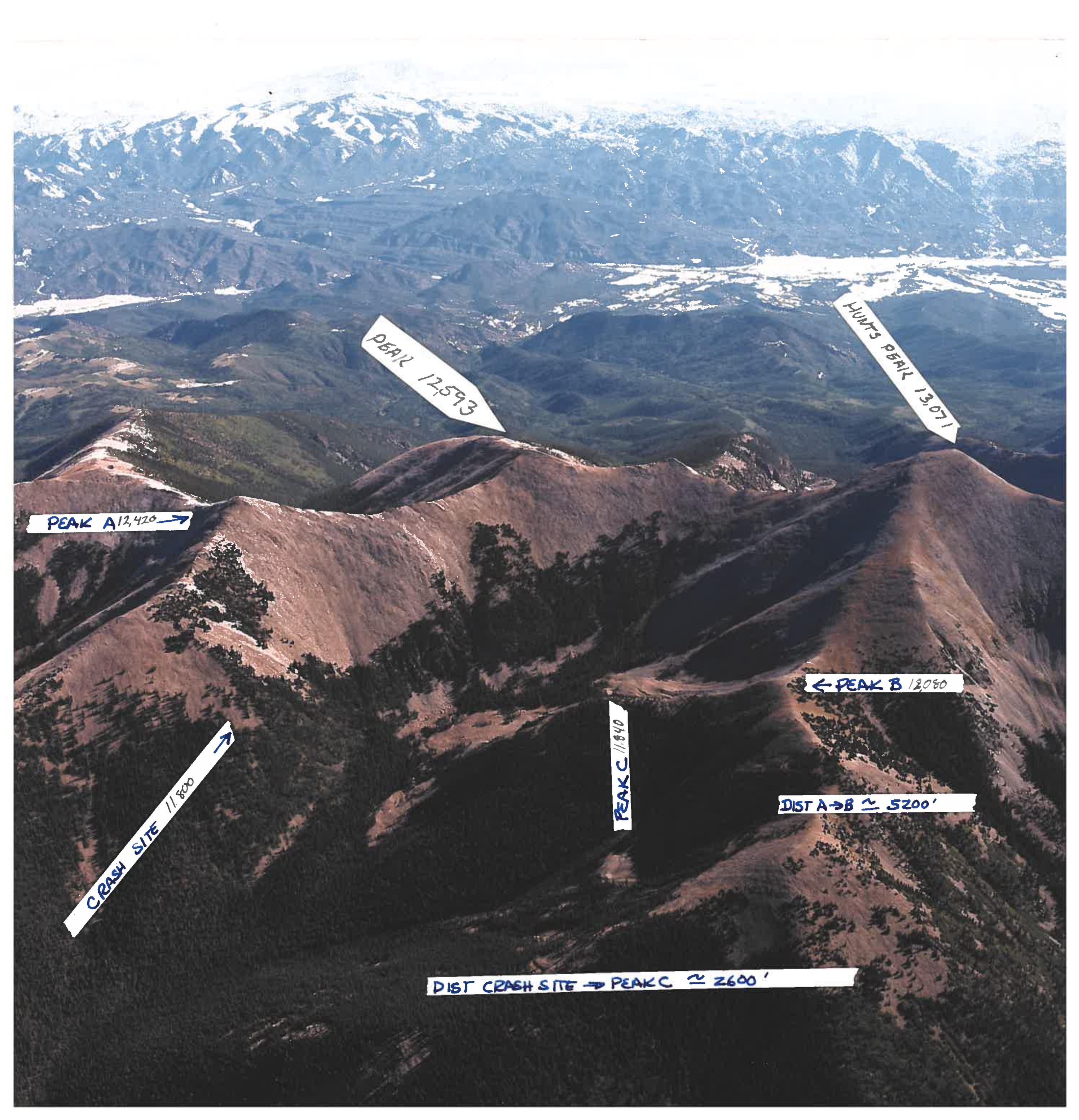 Aerial photo of the ridgeline near Hunts Peak, hand-labeled with the crash site and nearby peak elevations and two measured distances.