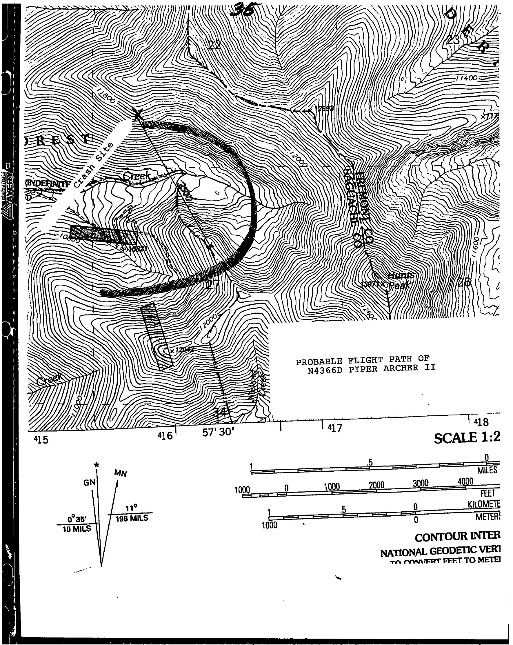 Hand-drawn probable flight path on a USGS topographic map. A large looping turn is drawn inside dense contour lines, with an X labelled Crash Site near the 11,800 foot contour. Hunts Peak, elevation 13,071 feet, is marked to the east. The right edge of the sheet is cut off mid-legend.