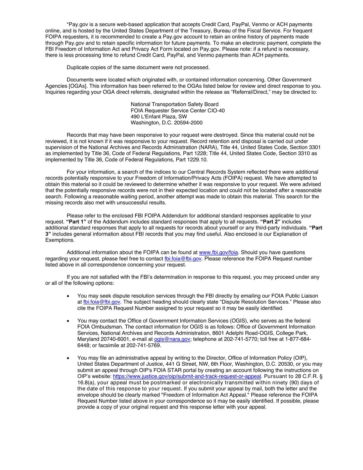 Page two of the FBI's July 24, 2026 cover letter, containing the paragraph admitting records were destroyed and the paragraph admitting other records could not be located after two searches.