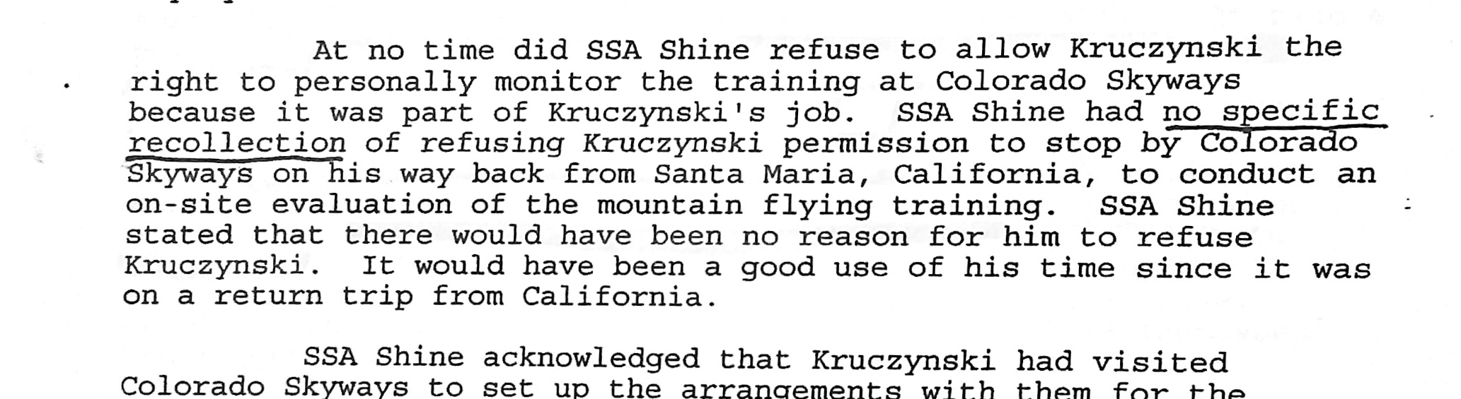 Typewritten excerpt from SSA James Shine's FD-302 interview stating he never refused Kruczynski permission to monitor the training and had no reason to.