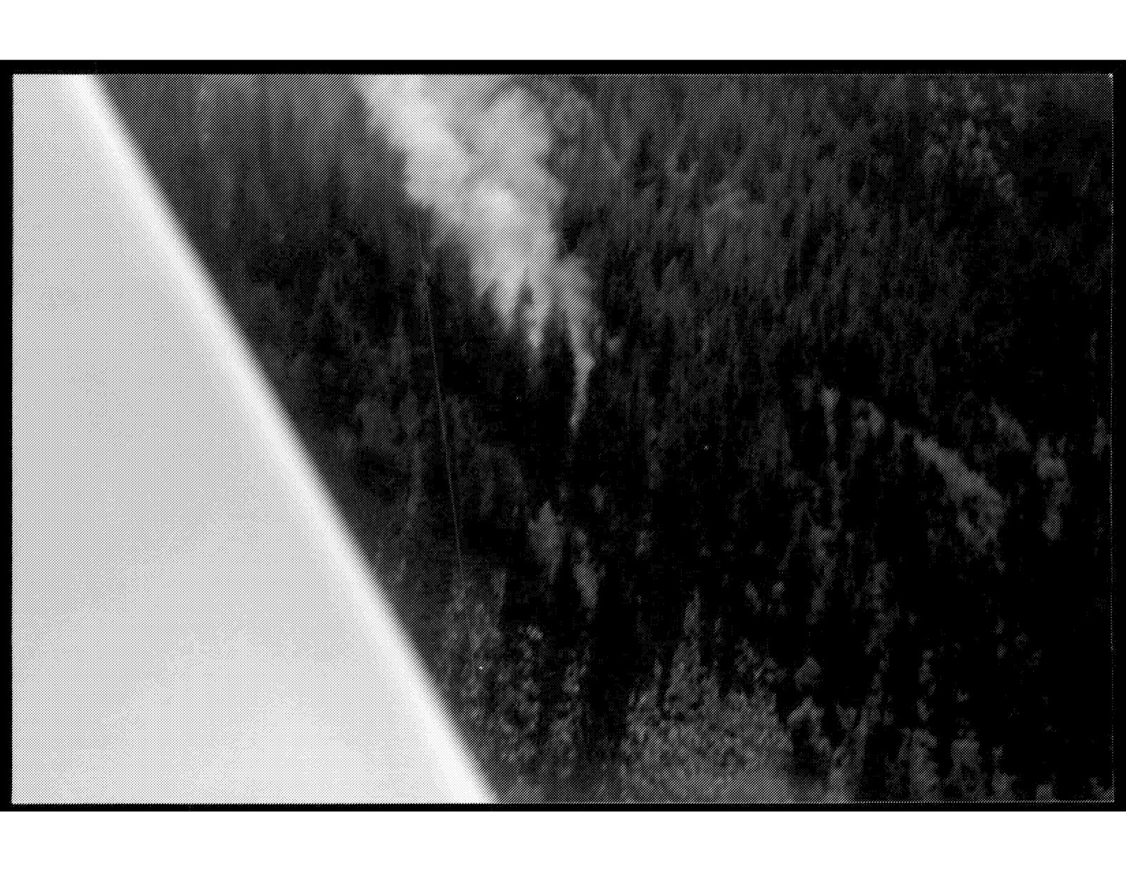 Black and white crash-scene photograph showing smoke drifting upward past the trees.