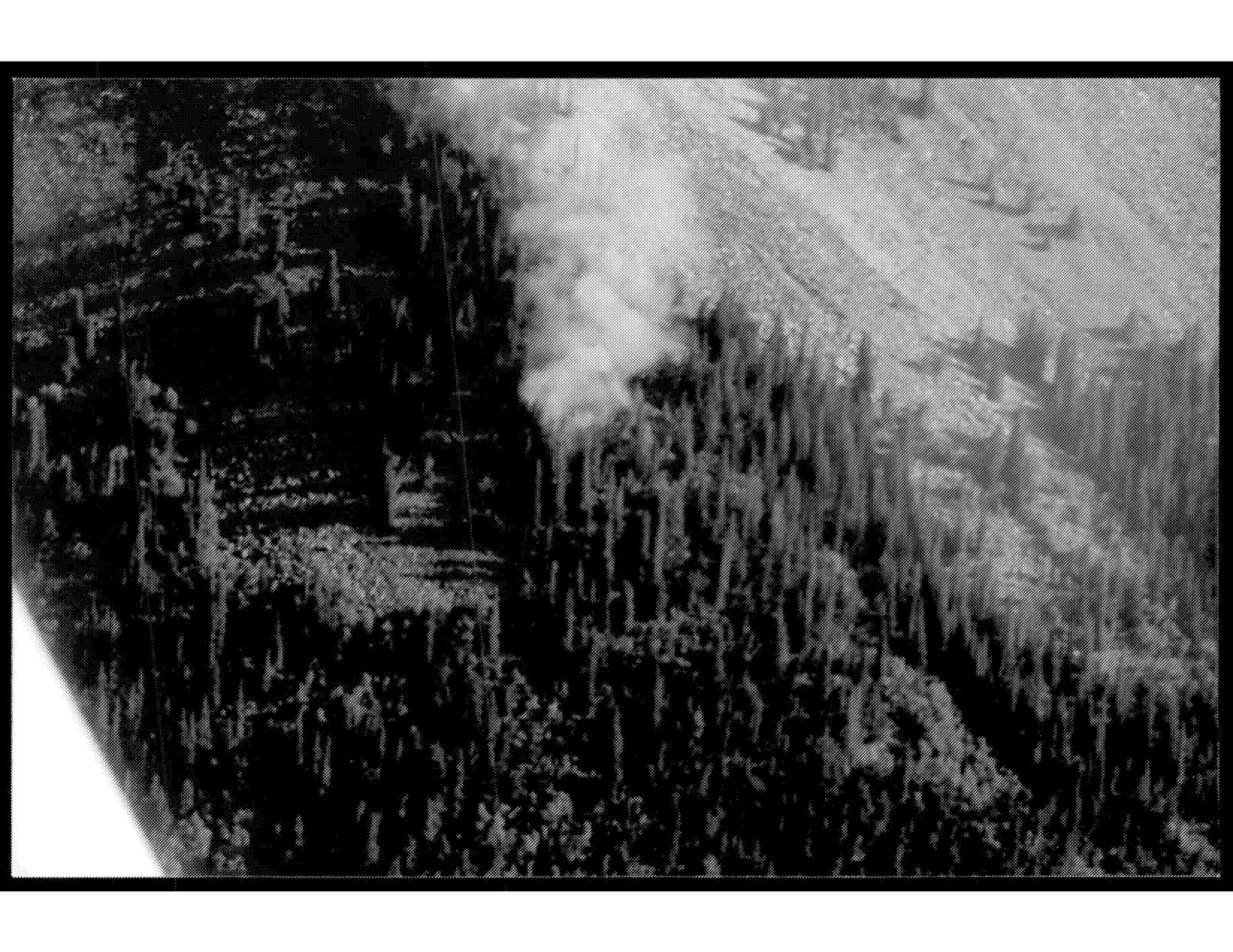 Black and white crash-scene photograph showing smoke rising above the treeline.